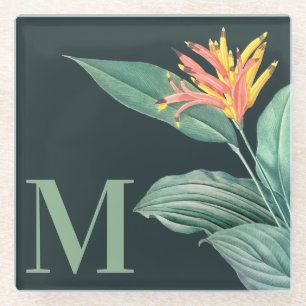 Tropical Flower Sage Leaves on Dark Teal Green Glass Coaster