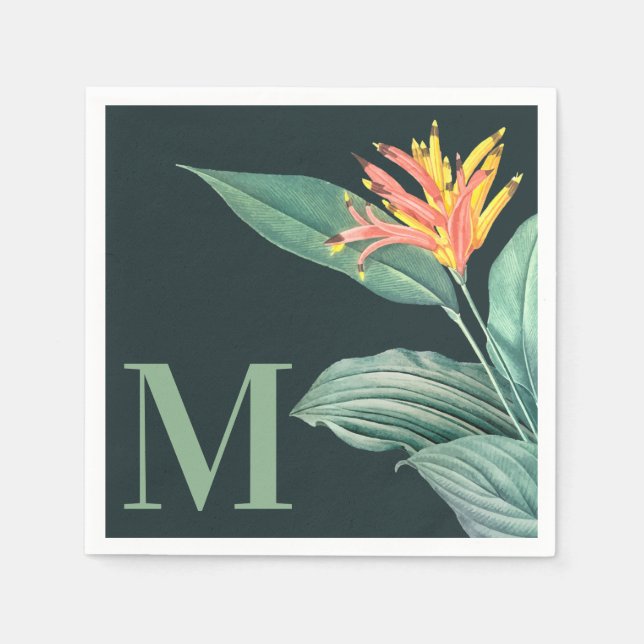 Tropical Flower Sage Leaves on Dark Teal Green Napkin (Front)