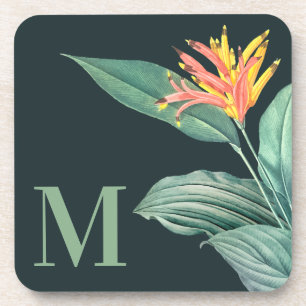 Tropical Flower Sage Leaves on Dark Teal Plastic Coaster