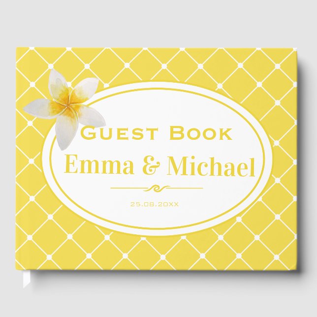 Tropical Flower & Trellis Pattern | Yellow Wedding Guest Book (Front)