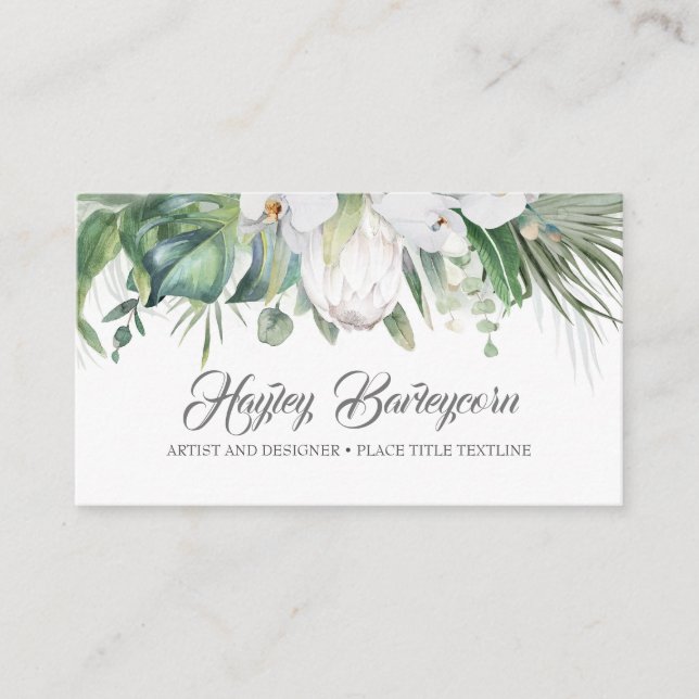 Tropical Flower - White King Protea and Orchids Business Card (Front)