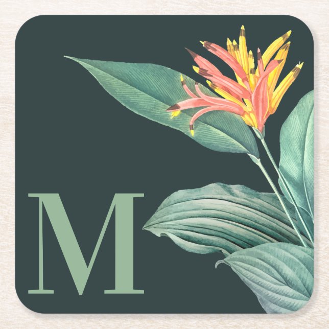 Tropical Flowering Plant on Dark Teal Monogrammed Square Paper Coaster (Front)