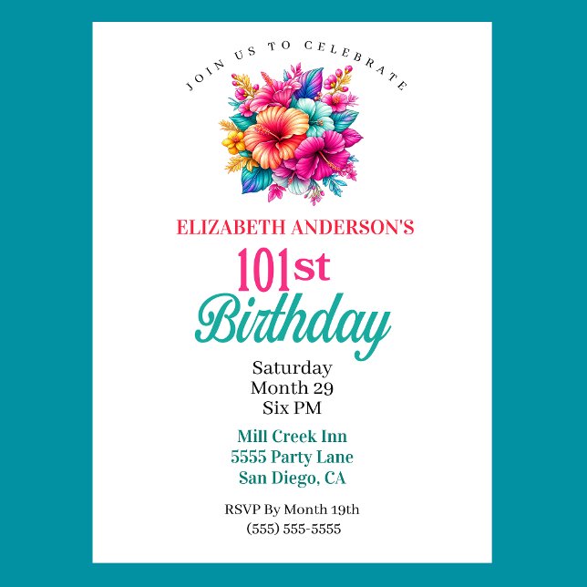 Tropical Flowers 101st Birthday Invitation (Tropical Flowers 101st Birthday Invitation For Women.)