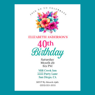 Tropical Flowers 40th Birthday Invitation