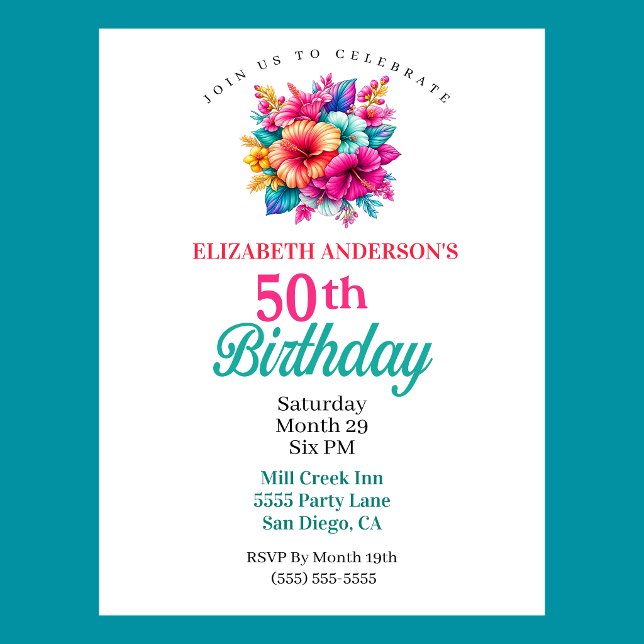 Tropical Flowers 50th Birthday Invitation (Tropical Flowers 50th Birthday Invitation For Women.  )