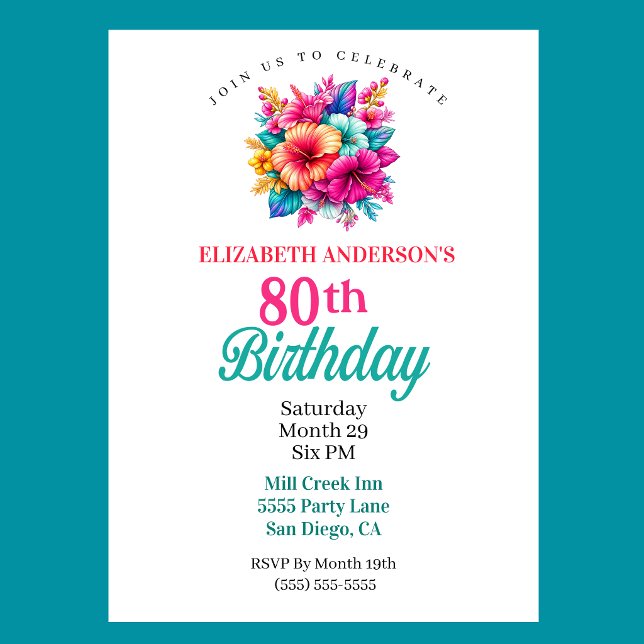 Tropical Flowers 80th Birthday Invitation (Tropical Flowers 80th Birthday Invitation For Women.)
