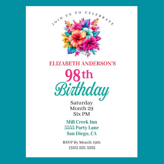 Tropical Flowers 98th Birthday Invitation (Tropical Flowers 98th Birthday Invitation For Women.)