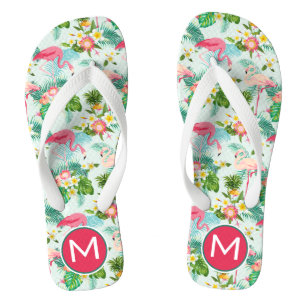 Tropical Flowers And Birds Add Your Initial Flip Flops