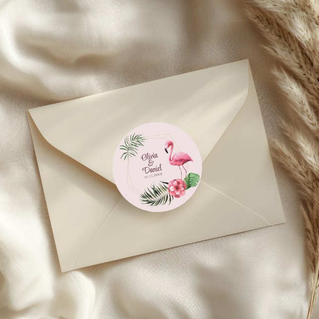 Tropical Flowers and Flamingo Wedding  Classic Round Sticker (Black and Red Mexican Floral Fiesta Wedding Classic Round Sticker on an elegant wedding envelope.)