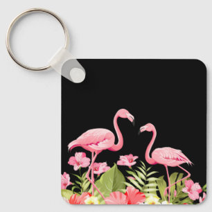 Tropical Flowers and Flamingos Design Keychain