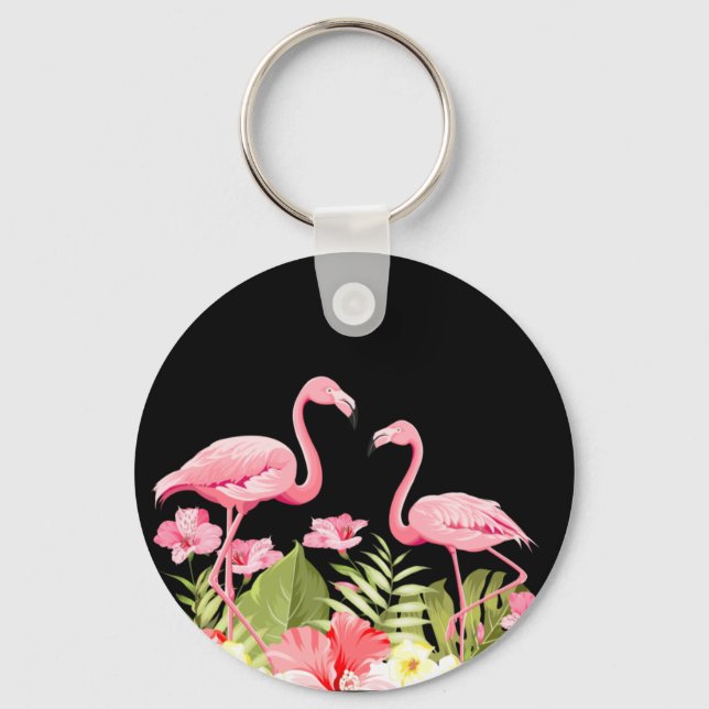 Tropical Flowers and Flamingos Design Keychain (Front)