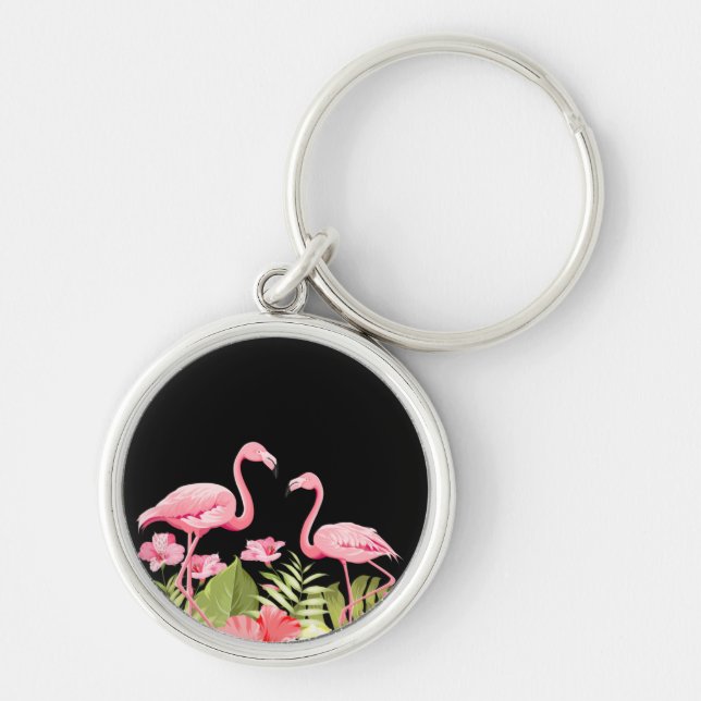 Tropical Flowers and Flamingos Design Keychain (Front)
