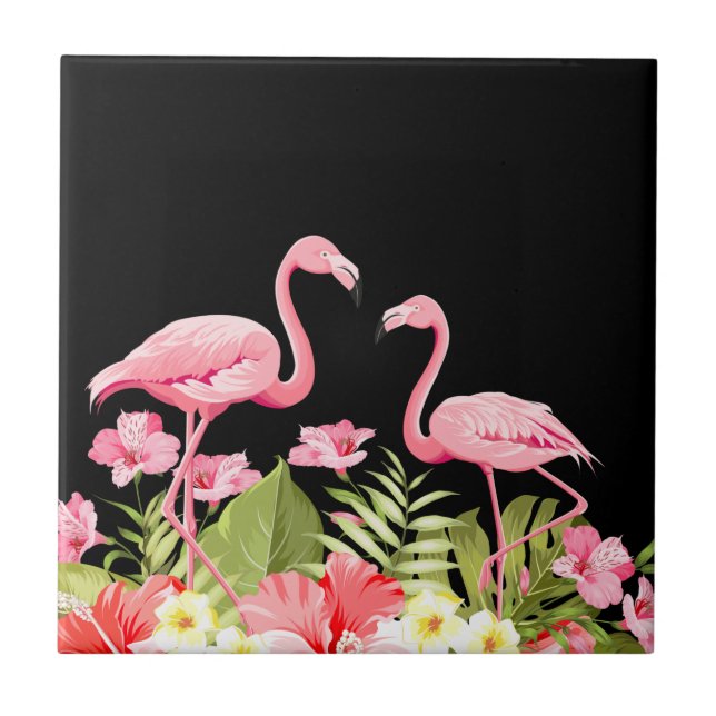 Tropical Flowers and Flamingos Design Tile (Front)
