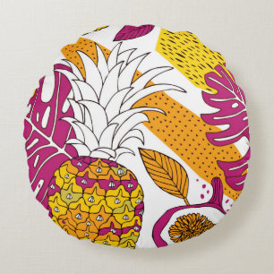 Tropical flowers and fruits,bright exotic print round pillow