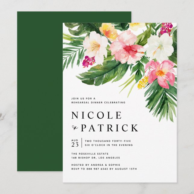 Tropical Flowers and Greenery Rehearsal Dinner Invitation (Front/Back)