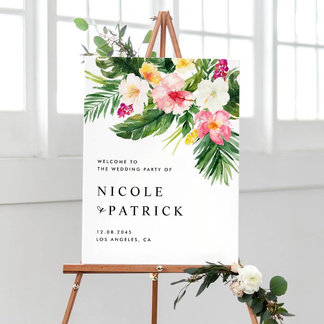 Tropical Flowers and Greenery Summer Wedding Party Poster (Creator Uploaded)