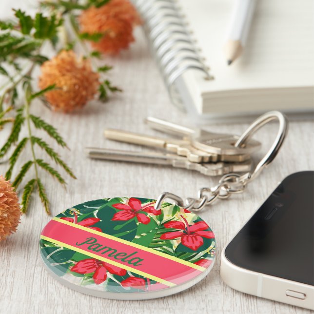 Tropical flowers and leaves keychain (Front Right)