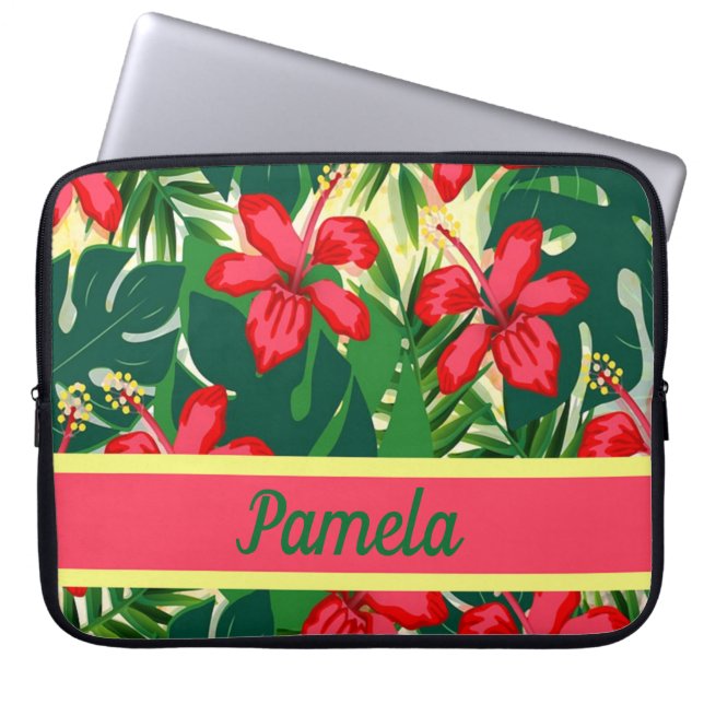 Tropical flowers and leaves laptop sleeve (Front)