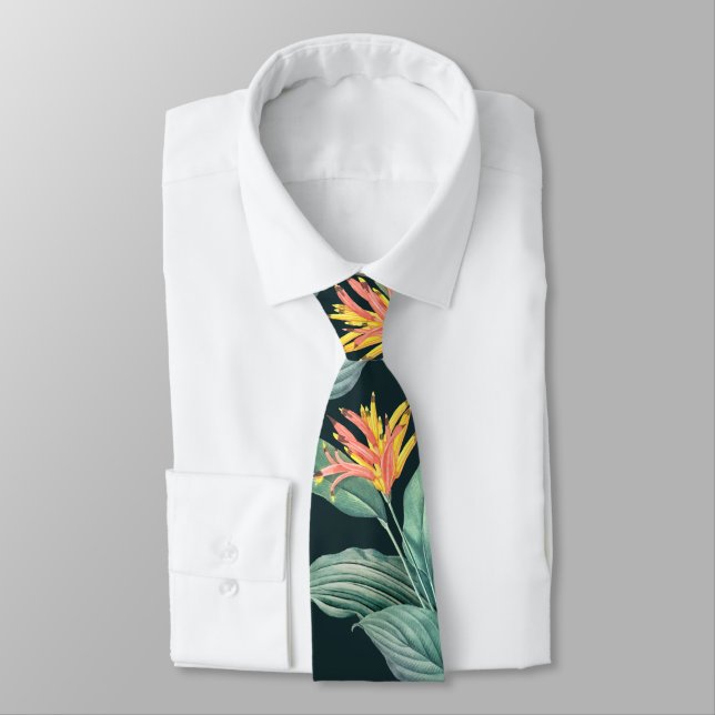 Tropical Flowers and Leaves on Dark Teal Green Tie (Tied)