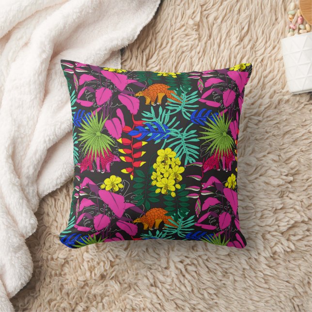 Tropical Flowers and Leaves Pangolin Pattern Throw Pillow (Blanket)