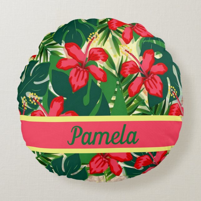 Tropical flowers and leaves round pillow (Front)