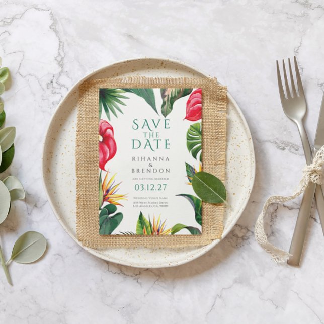 Tropical Flowers and Leaves Wedding Save the Date Invitation (Creator Uploaded)