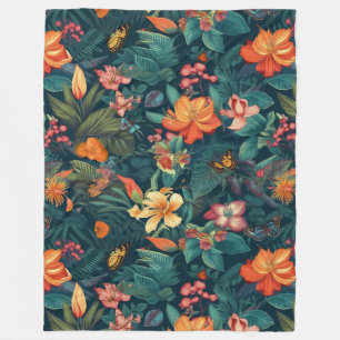 Tropical Flowers and Leaves with Butterflies Fleece Blanket