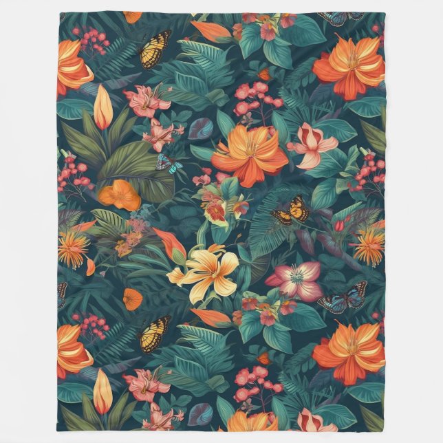 Tropical Flowers and Leaves with Butterflies Fleece Blanket (Front)