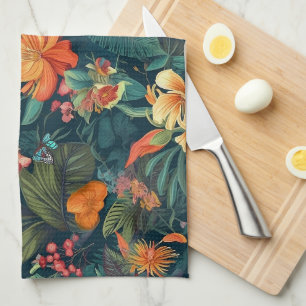 Tropical Flowers and Leaves with Butterflies Kitchen Towel