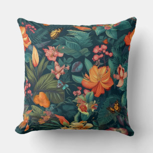 Tropical Flowers and Leaves with Butterflies Throw Pillow