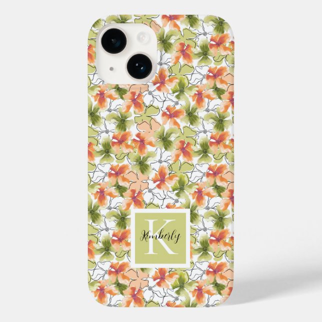 Tropical Flowers and Line Art Monogrammed Case-Mate iPhone Case (Back)