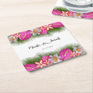 Tropical Flowers and Palm Leaves Calligraphy Square Paper Coaster