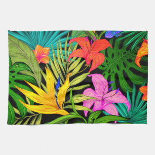 Tropical flowers and palm leaves kitchen towel