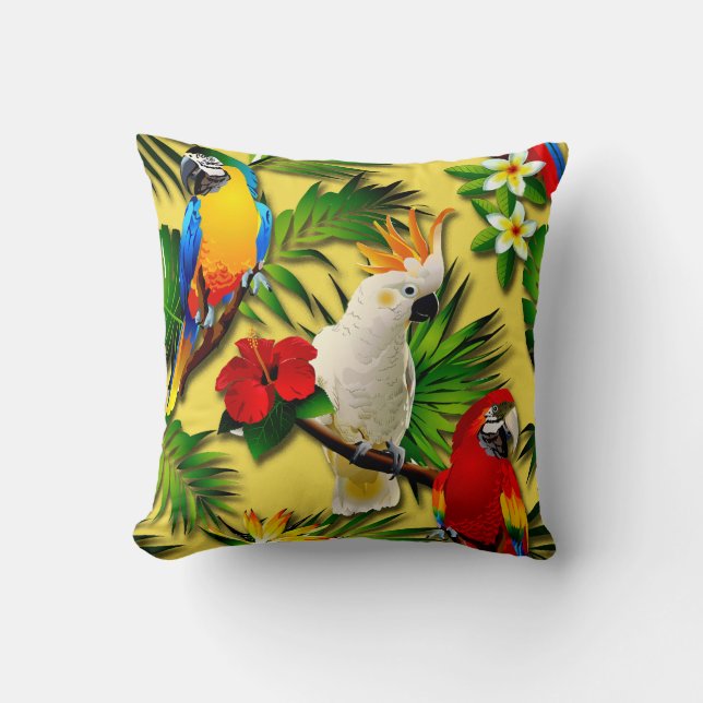 Tropical Flowers and Parrots Throw Pillow (Front)