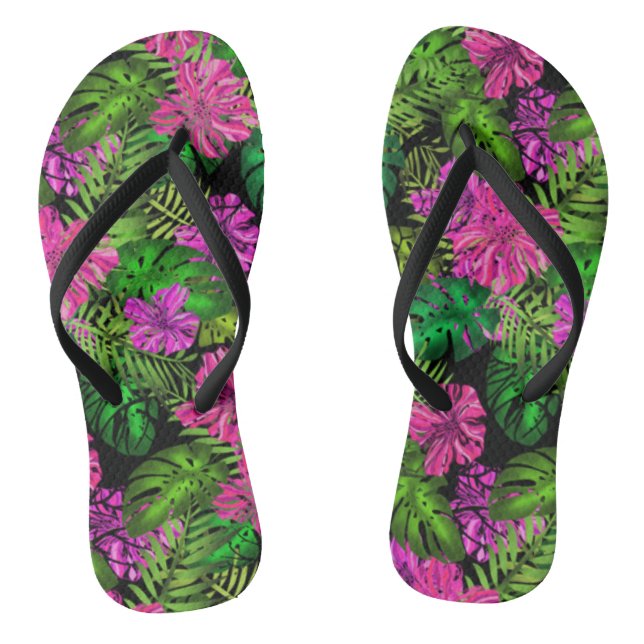 Tropical flowers and plants on black  flip flops (Footbed)