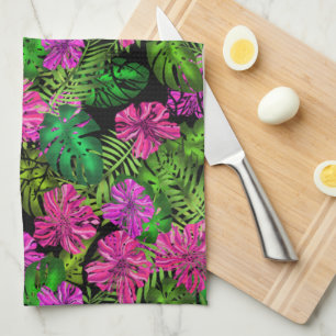 Tropical flowers and plants on black kitchen towel