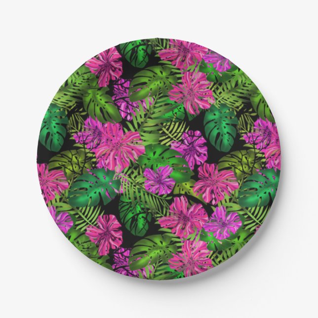 Tropical flowers and plants on black  paper plate (Front)