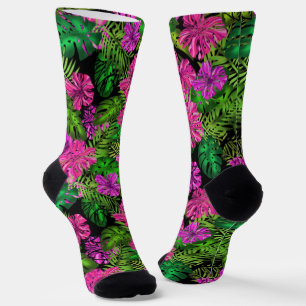 Tropical flowers and plants on black  socks