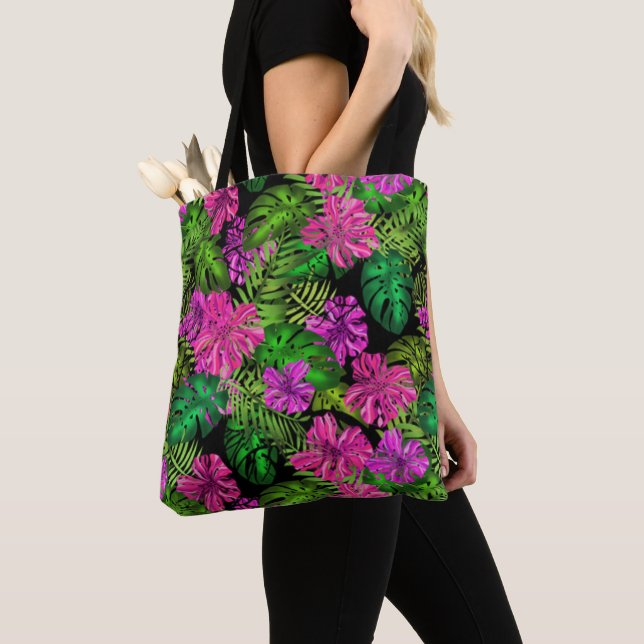 Tropical flowers and plants on black  tote bag (Close Up)