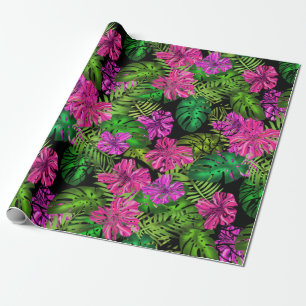 Tropical flowers and plants on black  wrapping paper