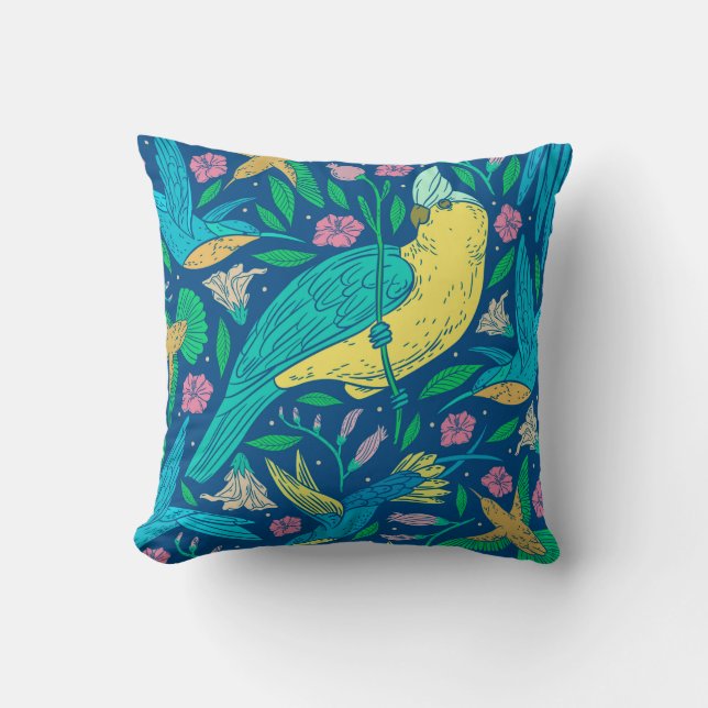 Tropical flowers & Birds Throw Pillow (Front)