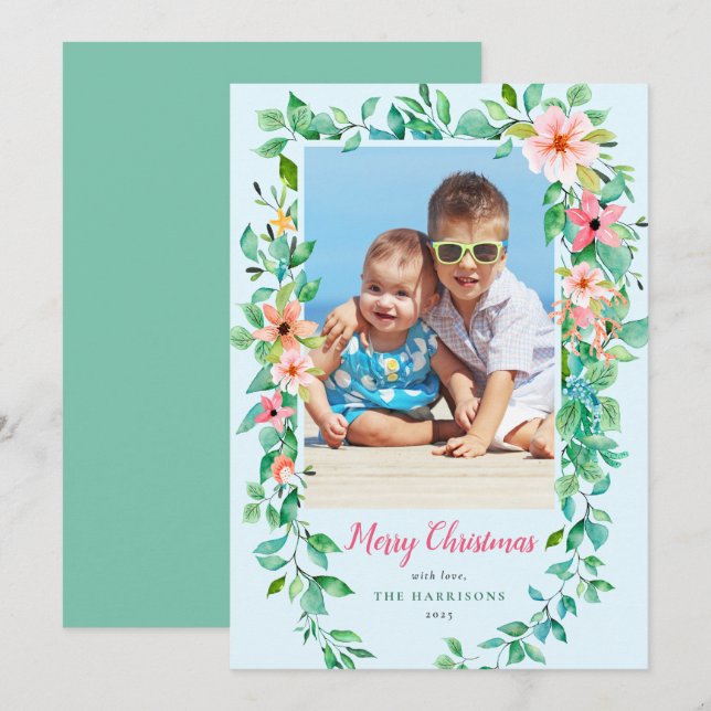 Tropical Flowers Blue Christmas 1-Photo Card (Front/Back)