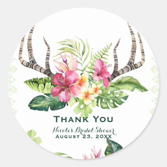 Tropical Flowers Boho Rustic Antlers Bridal Shower Classic Round Sticker (Front)