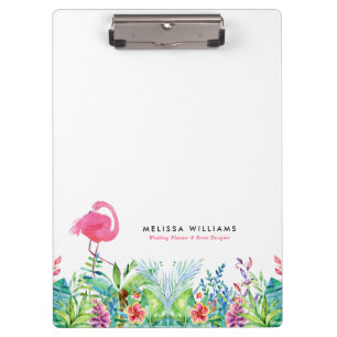 Tropical flowers border & pink flamingo clipboard