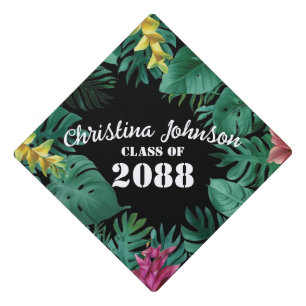 Tropical Flowers Botany Plants Jungle Leaves Black Graduation Cap Topper