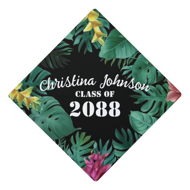 Tropical Flowers Botany Plants Jungle Leaves Black Graduation Cap Topper (Front)