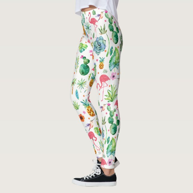 Tropical Flowers Cactus & Flamingos Pattern Leggings (Left)
