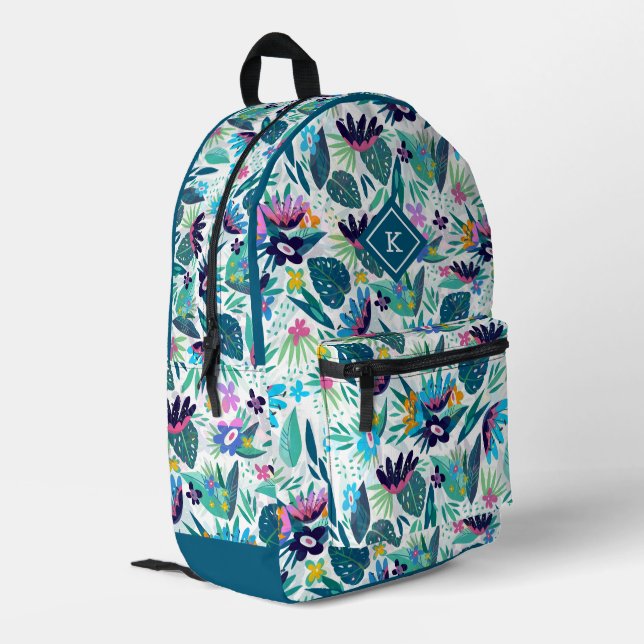 Tropical flowers colourful pattern monogram printed backpack (Back Corner Left)