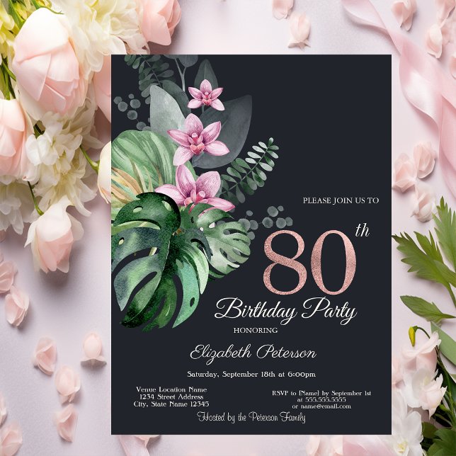 Tropical Flowers Dark 80th Birthday  Invitation (Creator Uploaded)