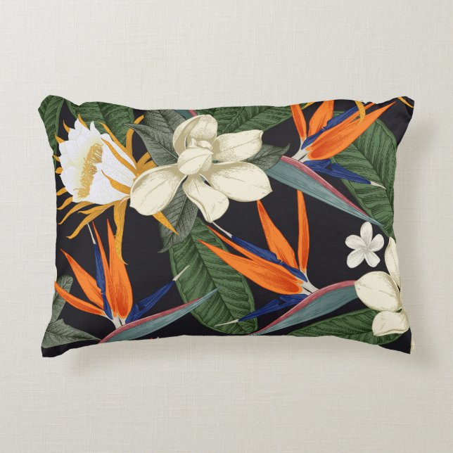 Tropical flowers, dark background, floral seamless accent pillow (Front)